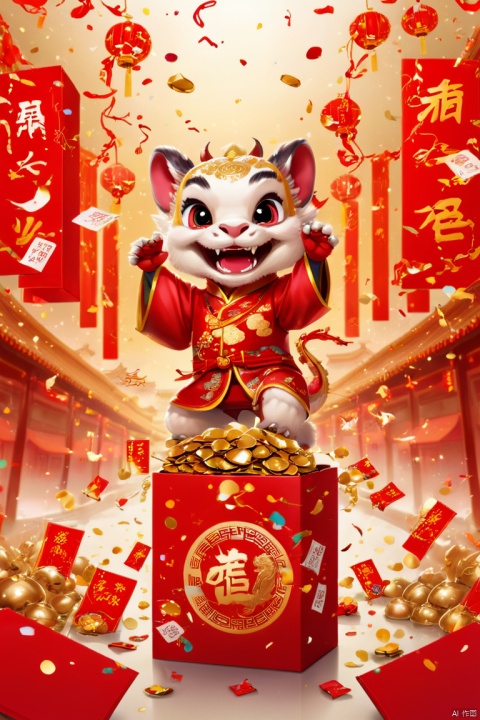 text "China", poster design, Chinese New Year "2024", dragon cub mascot, red clothes, Chinese bowing, welcome, box of golds, holding red envelopes, confetti, strong festive atmosphere, Chinese elements, panoramic view, Ultra high saturation, (best quality, masterpiece, Representative work, official art, Professional, 8k)