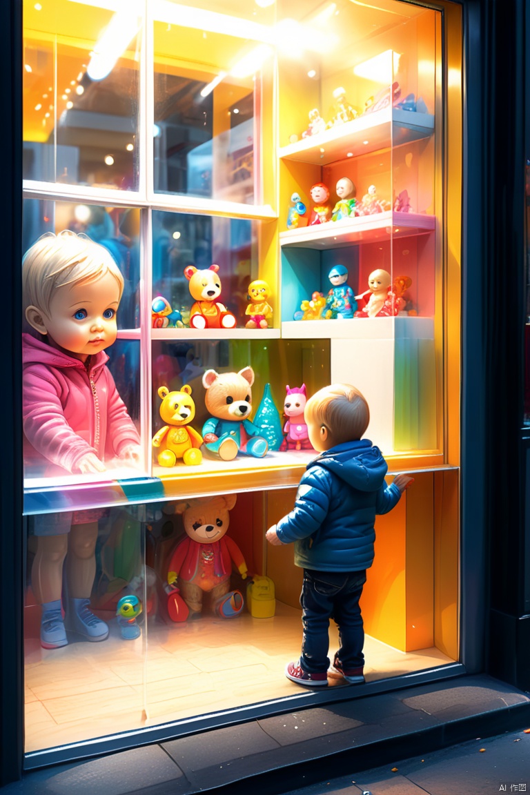 Uncomplete pencil sketch of a 3d toddler looking inside a brightly lit Toy Shop Window Displays, Insanely detailed photograph of toy shop, toys, dolls, action figures, HDR, UHD, (best quality, masterpiece, Representative work, official art, Professional, 8k wallpaper:1.3)