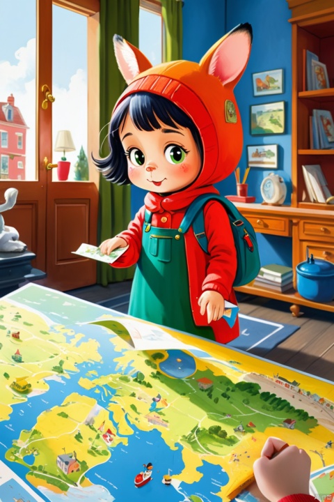 a girl searching on the map, by Richard Scarry, panoramic view, Ultra high saturation, (best quality, masterpiece, Representative work, official art, Professional, 8k)