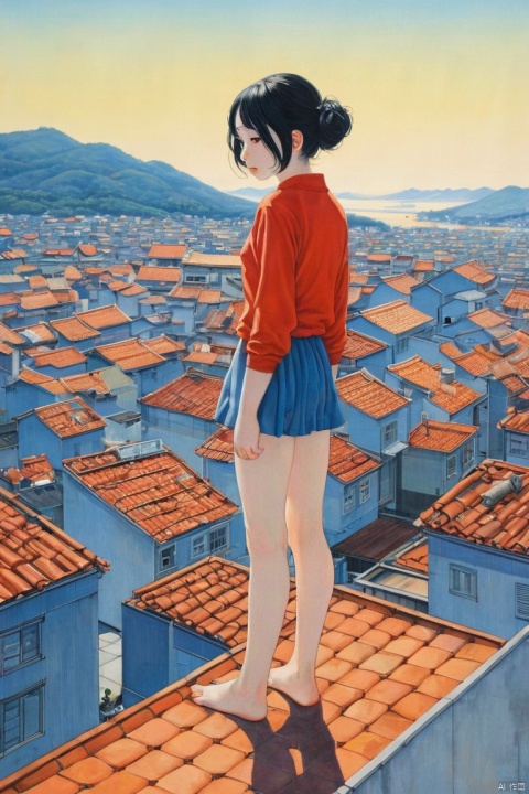 Person Standing on the Rooftop, by Chiho Aoshima, (masterpiece, best quality, perfect composition, very aesthetic, absurdres, ultra-detailed, intricate details, Professional, official art, Representative work:1.3)