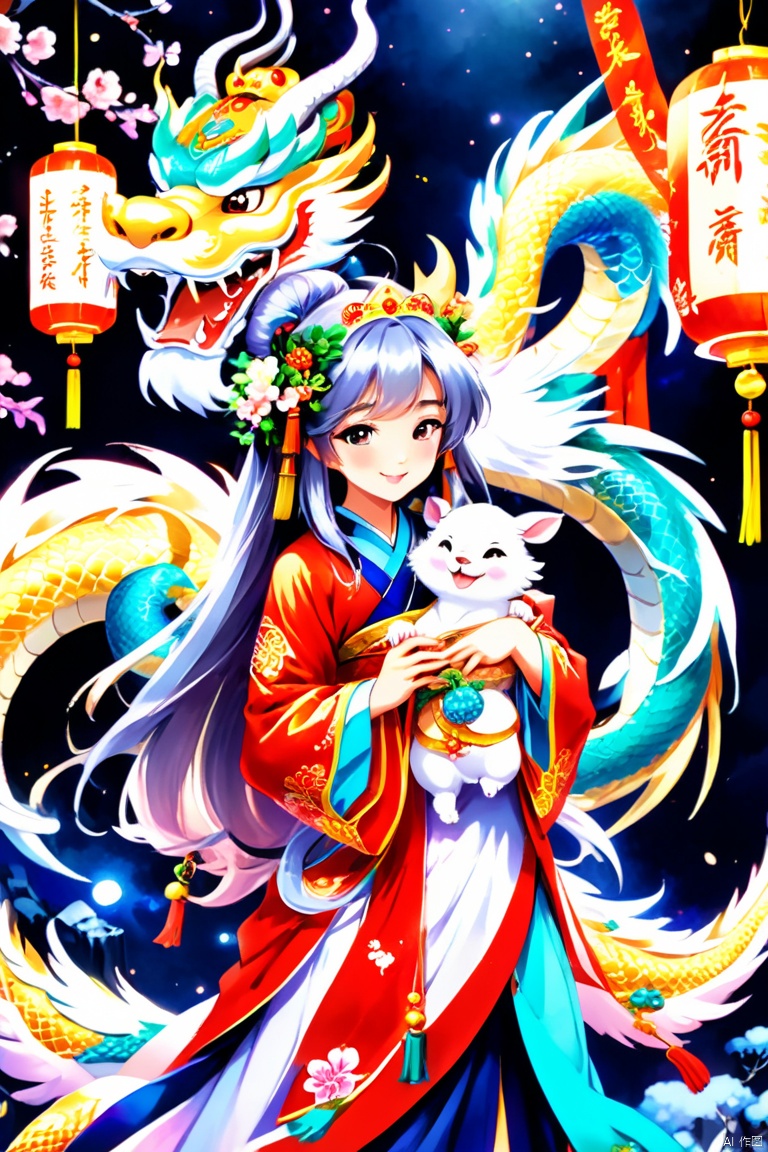 anime artwork Frieren \(anime\), girl, grey hair, long hair, bangs, angel wings, full body, joyful and festive scene featuring a cute and lively ancient Chinese princess embracing a fluffy-textured and mythical Chinese dragon cub. The background is enhanced with festive decorations, such as lanterns, colorful banners, and traditional Chinese motifs, symbolizing celebration and happiness. This scene, rich in ancient Chinese cultural elements, captures a sense of joy and festivity, making the moment between the princess and the dragon even more endearing and magical, pastel tones, Surrealism, super detail, highres, (panoramic, Ultra high saturation, bright and vivid colors), (best quality, masterpiece, Representative work, official art, Professional, 8k)