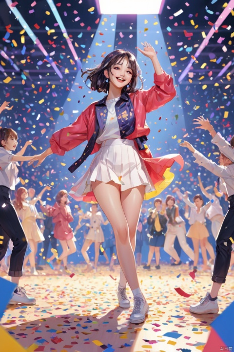 1girl solo, K-POP artist, (dancing), (dynamic posing:1.2), (stylish outfit), light smile, delicate illustration ultra-detailed, (colorful confetti:1.2) dancing down BREAK (music stage) indoors, colorful confetti, spotlight, audience, detailed background, (masterpiece, best quality, perfect composition, very aesthetic, absurdres, ultra-detailed, intricate details, Professional, official art, Representative work:1.3)