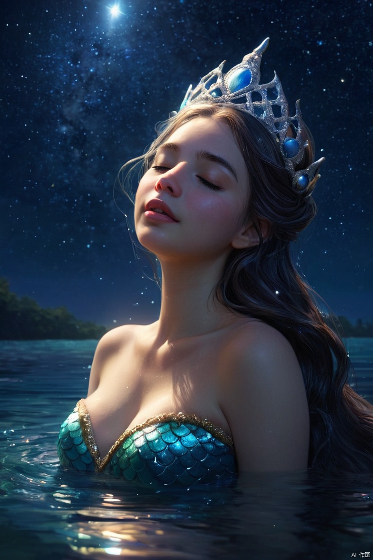 In the quiet of the night, the mermaid princess emerged from the water and looked up at the stars in the sky. She closed her eyes lightly and made a wish to the brightest star. The starlight scattered on her face, appearing particularly sacred, (masterpiece, best quality, perfect composition, very aesthetic, absurdres, ultra-detailed, intricate details, Professional, official art, Representative work:1.3)