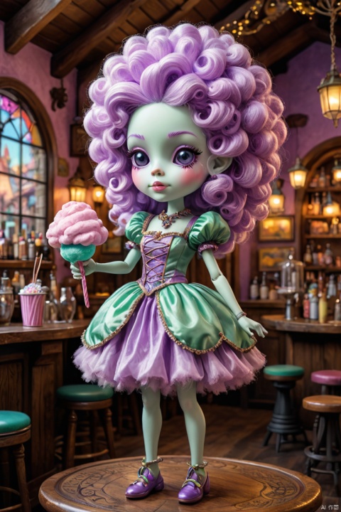 cottoncandy, an elegant benderbot made out of purple and light green cotton candy inside of a whimsical fairy pub, extremely cute, vibrant color, (best quality, masterpiece, Representative work, official art, Professional, Ultra intricate detailed, 8k:1.3)