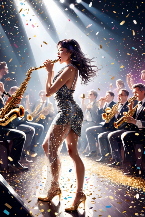 a lady solo, (playing the saxophone), (dynamic posing), (stylish outfit), (holding saxophone in mouth), delicate illustration, ultra-detailed, (silver and gold confetti), dancing down, (music stage) indoors, colorful confetti, spotlight, audience, detailed background, panoramic view, Ultra high saturation, (best quality, masterpiece, Representative work, official art, Professional, 8k)
