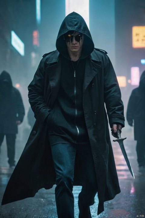Wide-angle lens, cool, as.H.I.and.L.d. agent, black eyes, There is a sword on his back, Wears a black hooded trench coat,sharp focus, (subsurface scattering), Winning photo, Full body image, Serious, Scary expression, dramatic lighting,his lips tightly closed,andyes are nervous. The situation is dangerous and serious. colored. hazy atmosphere. cyberpunk, (best quality, masterpiece, Representative work, official art, Professional, Ultra intricate detailed, 8k:1.3)