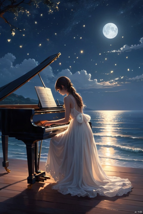 detailed piano-playing girl in glowing white dress,serene moonlight,overlooking ocean,panoramic,widescreen,animated shot,ethereal atmosphere,shimmering fireflies,soft focus on piano, (masterpiece, best quality, perfect composition, very aesthetic, absurdres, ultra-detailed, intricate details, Professional, official art, Representative work:1.3), Dream Homes
