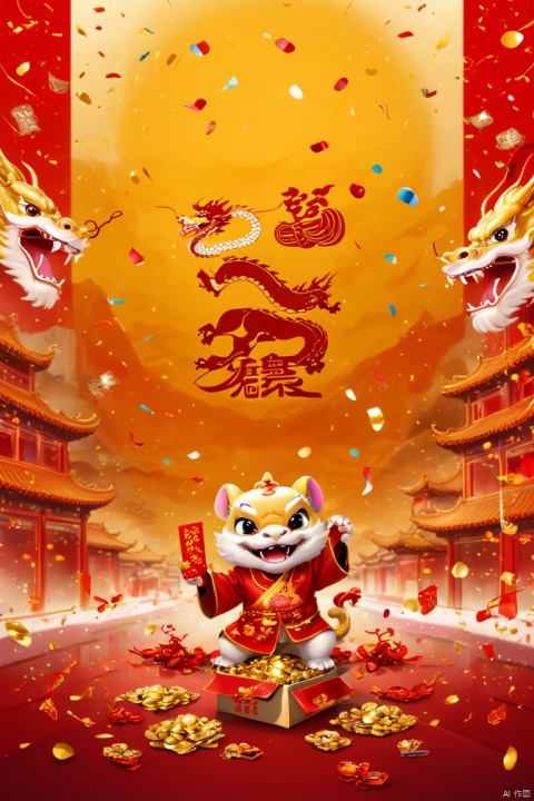 text "China", poster design, Chinese New Year "2024", dragon cub mascot, red clothes, Chinese bowing, welcome, box of golds, holding red envelopes, confetti, strong festive atmosphere, Chinese elements, panoramic view, Ultra high saturation, (best quality, masterpiece, Representative work, official art, Professional, 8k)