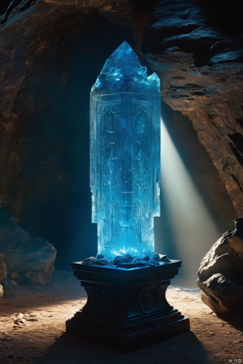 A mysterious artifact, bathed in an ethereal blue glow, rests atop a (crystal pedestal:1.2), surrounded by a halo of mystical energy. The artifacts intricate details and ancient symbols are illuminated by the soft light, casting an otherworldly aura. The background is a dark, enigmatic cave, adding to the sense of mystery and adventure. The image is photorealistic, with a cinematic quality that evokes a sense of wonder and anticipation, (masterpiece, best quality, perfect composition, very aesthetic, absurdres, ultra-detailed, intricate details, Professional, official art, Representative work:1.3)