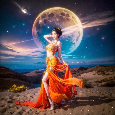 dunhuang, sheer dress, glint sparkle, 1girl, sexy, erotic_pose, sensual_pose, flirting, (masterpiece, best quality, official art, beautiful and aesthetic, photorealistic:1.3), far_moon, starry_sky, meteor shower, (wind blowing:1.3), flower blooming, flower garden, vivid colors, High-Heels, short skirts, solo, extremely detailed, CG unity 8k wallpaper, (Nikon AF-S NIKKOR 35mm f/1.4G)