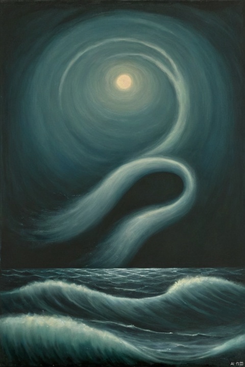 A primeval goddess of the sea, Nammu emerges with undulating waves, symbolizing the ancient and powerful forces that govern the depths of the ocean, (by Gertrude Abercrombie:1.2), Celestial Noir, film noir style with celestial influences, a cosmic and mysterious take on classic noir aesthetics, (best quality, masterpiece, Representative work, official art, Professional, Ultra intricate detailed, 8k:1.3)