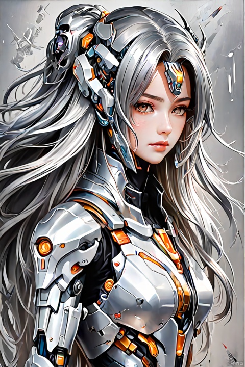 a painting of mecha girl painted on the wall, (silver long hair), intricate, (best quality, masterpiece, Representative work, official art, Professional, 8k)