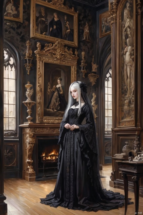 gothic art, room, Exquisite decoration, neat and tidy, sort, indoor, realism, detailed background, (masterpiece, best quality, perfect composition, very aesthetic, absurdres, ultra-detailed, intricate details, Professional, official art, Representative work:1.3)