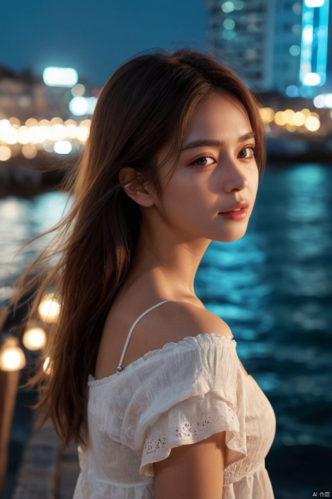 a girl by the sea, by Rinotuna, summer night, (High detail, photograph, realistic), (best quality, masterpiece, Representative work, official art, Professional, 8k:1.3), light master