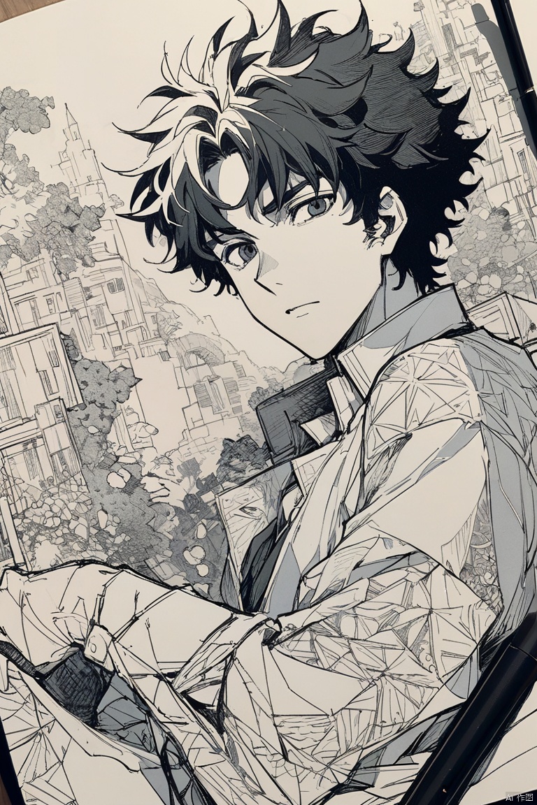  Male focus, Spike Spiegel, Cowboy Bebop, lively, beautiful, Picturesque, become familiar with, texture, Artistic, Zentangle Elements, draw with thick lines, clear, sketch, (masterpiece, best quality, perfect composition, very aesthetic, absurdres, ultra-detailed, intricate details, Professional, official art, Representative work:1.3)