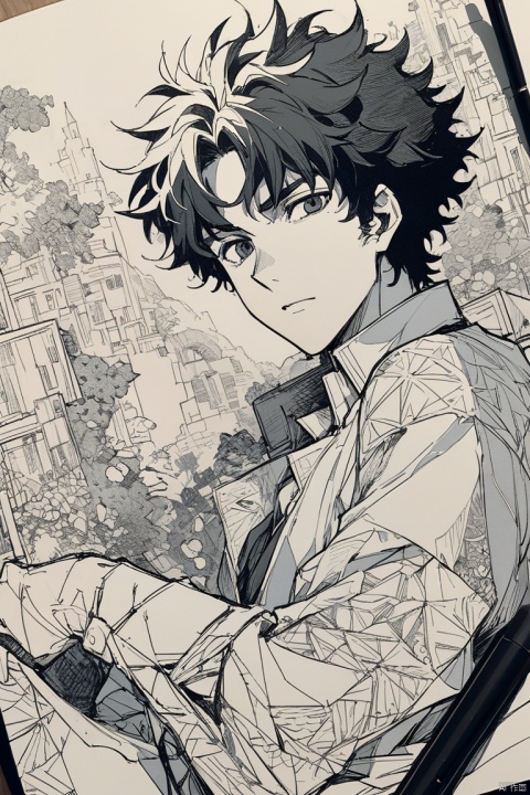Male focus, Spike Spiegel, Cowboy Bebop, lively, beautiful, Picturesque, become familiar with, texture, Artistic, Zentangle Elements, draw with thick lines, clear, sketch, (masterpiece, best quality, perfect composition, very aesthetic, absurdres, ultra-detailed, intricate details, Professional, official art, Representative work:1.3)