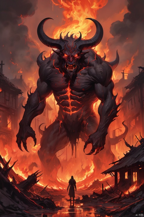 fantasy, horror, lava demon, enormous monster, diabolic, burning down a village with streams of molten lava shooting from its hands, dark and menacing atmosphere, glowing red eyes, towering over the village, terror-inducing presence, twisted horns, smoky tendrils surrounding its body, terrified villagers fleeing, crumbling buildings, intense heat radiating from the demon's body, ominous shadows, deadly fire raining from the sky, apocalyptic destruction, charred remains, desolation, scorched earth, fiery landscape, epic battle between the demon and brave warriors, desperate struggle for survival, intense action, rich color palette with deep reds, oranges, and blacks, eerie silence broken only by the crackling of flames, epic scale, dramatic composition, dynamic poses, cinematic lighting effects, surreal and nightmarish aesthetics, dark fantasy vibes, (masterpiece, best quality, perfect composition, very aesthetic, absurdres, ultra-detailed, intricate details, Professional, official art, Representative work:1.3)