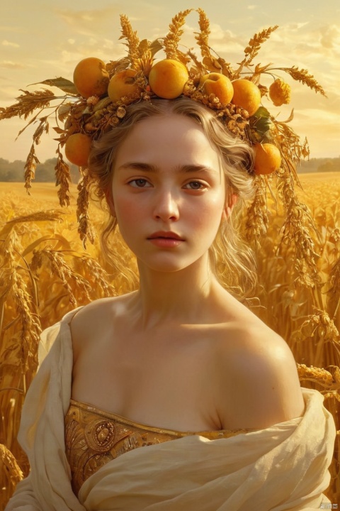 Bathed in the golden hues of harvest, goddess of beauty, presence echoing the ripening fields and the promise of abundance, (masterpiece, best quality, perfect composition, very aesthetic, absurdres, ultra-detailed, intricate details, Professional, official art, Representative work:1.3)