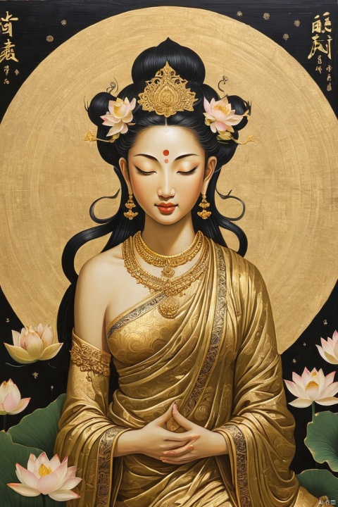 gold art, a black and gold painting of a goddess of the moon with lotus flowers, (intricate classic art, monochrome, Black and gold only, Gold Folding Screen), Gracefully on the lotus, Thai art, goddess of the moon, Wood Block Print, stunning portrait of a goddess, with lotus flowers, Goddess Art, Goddess of love and peace, Satisfied female bodhisattva, dmt goddess, sacred feminine, goddess of the moon, (masterpiece, best quality, perfect composition, very aesthetic, absurdres, ultra-detailed, intricate details, Professional, official art, Representative work:1.3)