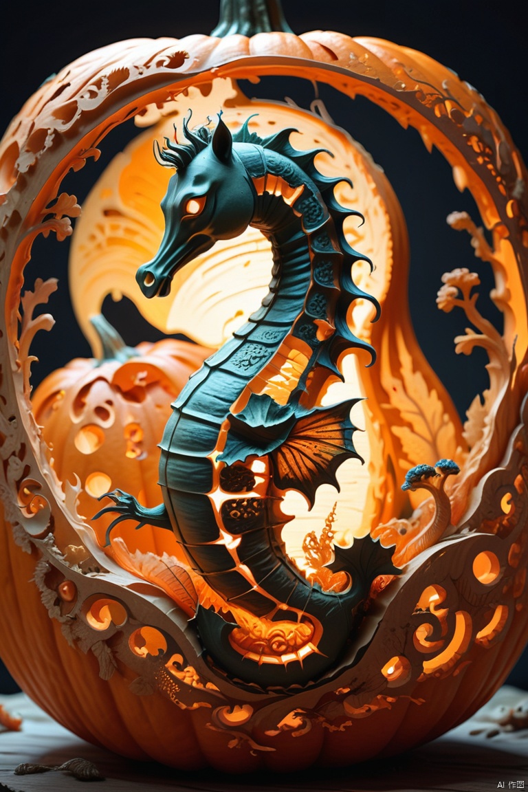 Pumpkin carving, Cutting art, cutting work, Lanterns made from cut pumpkins, complicated seahorse, 3D carving, pumpkin color, octane render, enhance, intricate, HDR, UHD, Relief style, (best quality, masterpiece, Representative work, official art, Professional, 8k wallpaper:1.3)