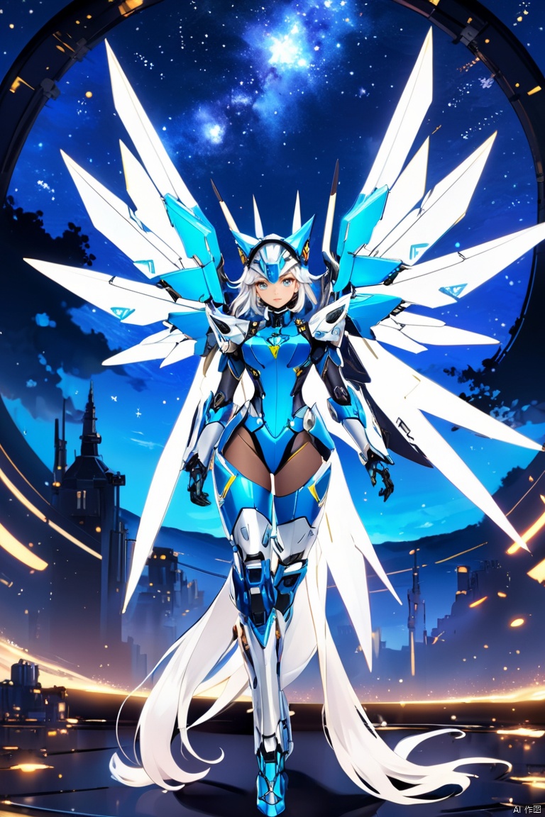  starry sky, by van gogh, mecha girl, silver long hair, full-body pose, mechanical wings, cat_ears, dynamic angle, (panoramic), (best quality, masterpiece, Representative work, official art, Professional, 8k)