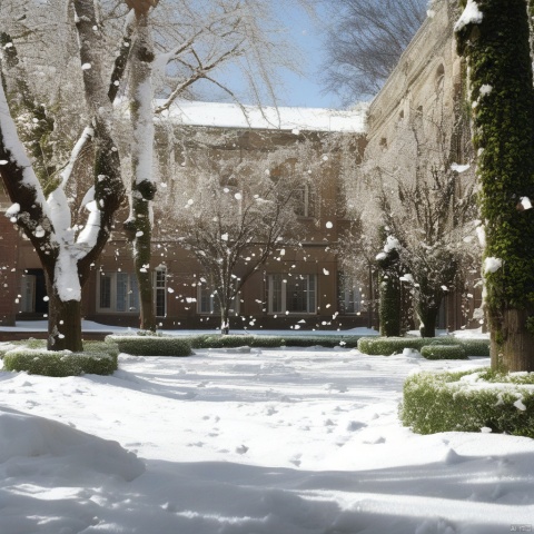 spring grass blades in courtyard, snow passes through the courtyard trees, posing as flying petals