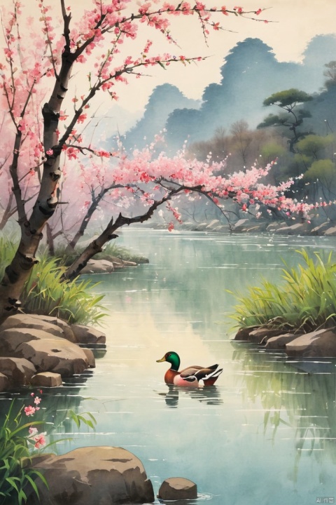 some peach blossoms and bamboos in the spring river. The peach blossoms are in full bloom, the graceful pink is swaying at the water's edge, and the water of the Spring River is warm and serene. A smart duck swims in the water, as if it can predict the arrival of spring. Ink painting style, ink art, (masterpiece, best quality, perfect composition, very aesthetic, absurdres, ultra-detailed, intricate details, Professional, official art, Representative work:1.3)