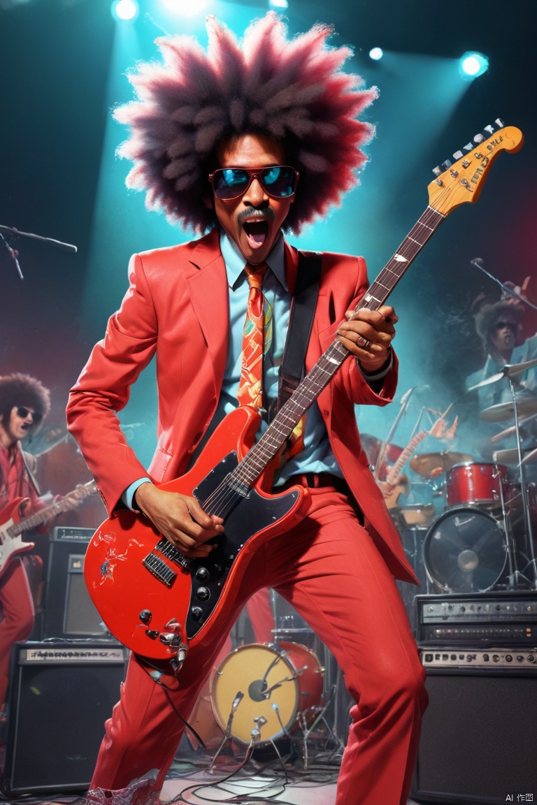 a dragon playing electric guitar, Wearing red suit, wearing sunglasses, afro Hairstyle, dynamic pose, Energetic performance, holding a microphone, Large collection of electronic band instruments, rock concert background, Anime from the 70s and 80s, a blunt splice of elements like Arizona iced tea and Fiji water, the distortion and color cast effects of old picture tube televisions, panoramic view, Ultra high saturation, (best quality, masterpiece, Representative work, official art, Professional, 8k)