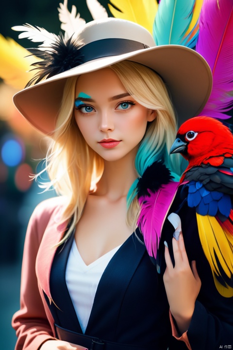 portrait of beautiful blonde girl, colorful bird feathers, wearing womans hat. full body, fine art, cinematic film still, PIXIV, cinematic photorealistic, uhd, natural lighting, raw, rich, intricate details, key visual, atmospheric lighting, 35mm photograph, film, highly detailed, vignette, high budget, bokeh, cinemascope, moody, epic, gorgeous, film grain, grainy, (best quality, masterpiece, Representative work, official art, Professional, unity 8k wallpaper:1.3)