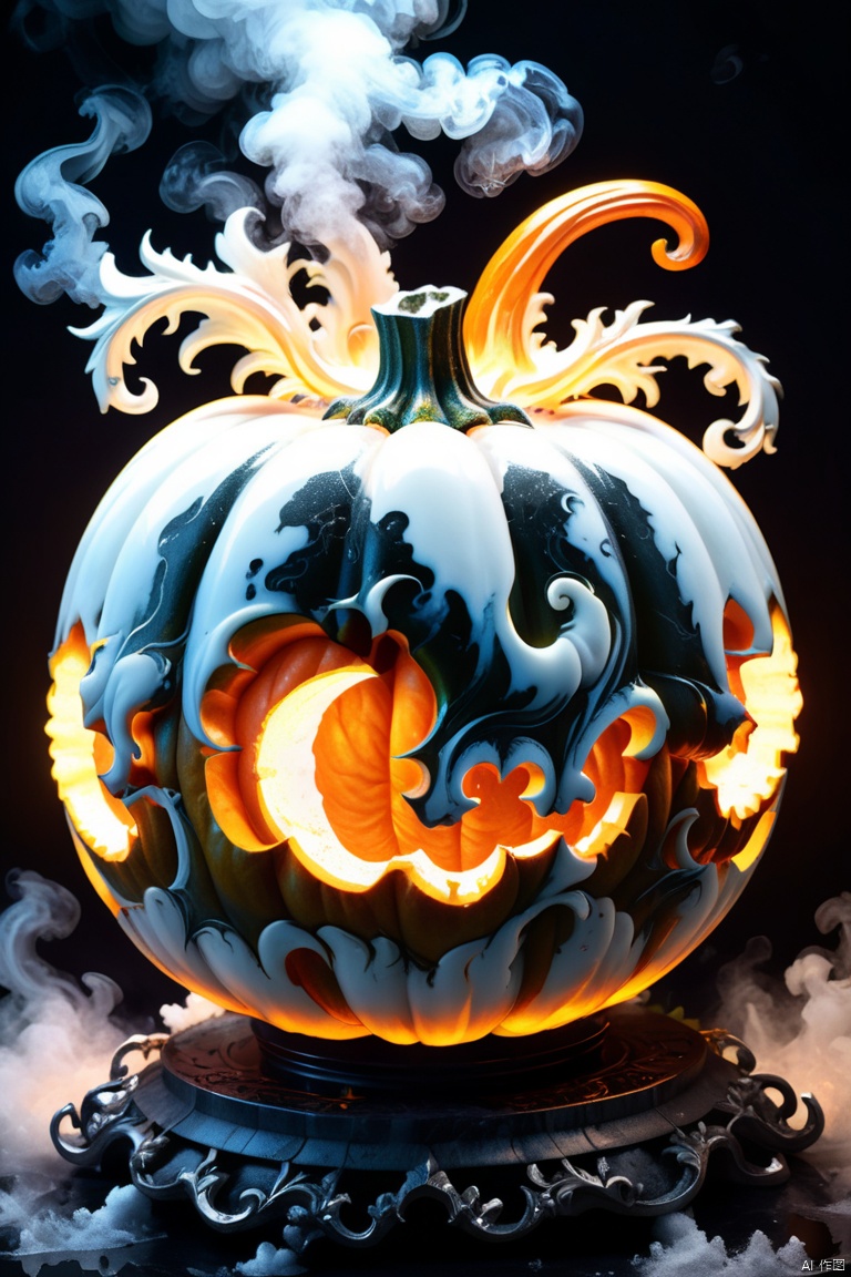 steel pumpkin, marble of pumpkin carving, float out of marble color glow smoke, intricate detail, hyper real, insane rococo design, cyber ​​fairy grunge inspired, snow coating flower, extreme fine carvings, stunning intricate and insane of dark fantasy, octane render, enhance, intricate, HDR, UHD, (best quality, masterpiece, Representative work, official art, Professional, 8k wallpaper:1.3)
