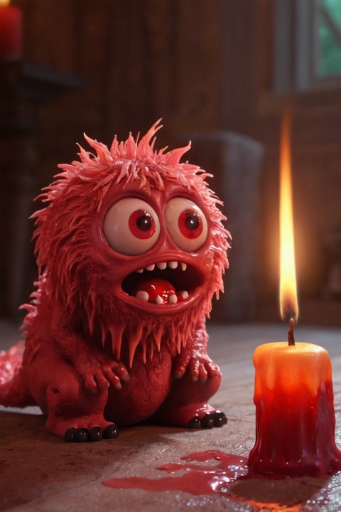 Animated scene features a close-up of a short fluffy monster kneeling beside a melting red candle. The art style is 3D and realistic, with a focus on lighting and texture. The mood of the painting is one of wonder and curiosity, as the monster gazes at the flame with wide eyes and open mouth. Its pose and expression convey a sense of innocence and playfulness, as if it is exploring the world around it for the first time. The use of warm colors and dramatic lighting further enhances the cozy atmosphere of the image, (best quality, masterpiece, Representative work, official art, Professional, Ultra intricate detailed, 8k:1.3)