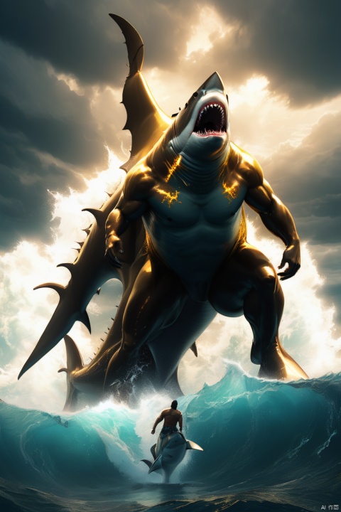 close up of a sea god riding a shark, mythology, divine power, majestic ocean waves, golden trident, shimmering scales, dynamic pose, stormy atmosphere, rippling muscles, endless horizon, oceanic realm, intense gaze, strong current, living force, dreadnought shark partner, ultra-wide-angle, octane render, enhance, intricate, (best quality, masterpiece, Representative work, official art, Professional, 8k:1.3)