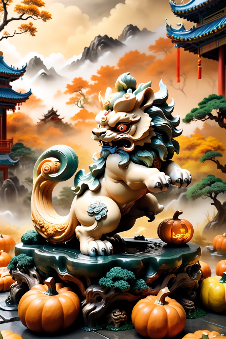 Lovely IP, Blind box style, Chinese mythology Rui beast Pixiu, Shaped like a lion, faucet, horse body, at the foot of the forest, Surrounded by Chinese auspicious clouds, 3D carving, pumpkin color, octane render, enhance, intricate, HDR, UHD, Relief style, (best quality, masterpiece, Representative work, official art, Professional, 8k wallpaper:1.3)