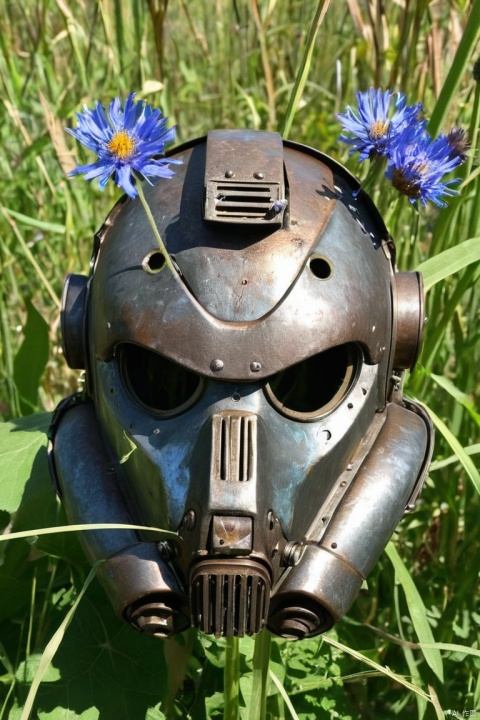 Steel Brotherhood power armor mask from "Fallout", rusted, broken with a pierced eyecup, embedded in tall grass, Almost hidden in the grass, overgrown with bindweed. A cornflower flower grew through the hole. butterflies. entwined by bindweed, cornflower sprouting through the hole, floating above, (best quality, masterpiece, Representative work, official art, Professional, Ultra intricate detailed, 8k:1.3)