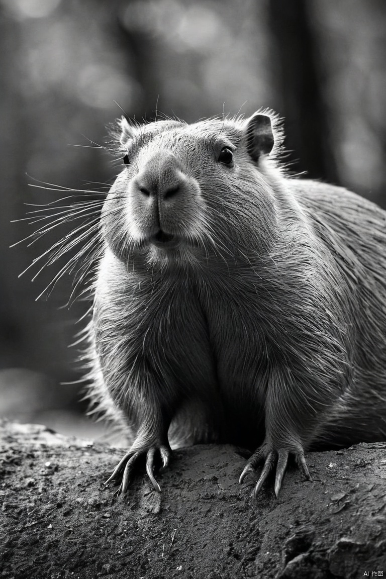  (a capybara), Very cool, bold, impactful, in the black and white with metallic tones. The image symbolises growth power mentorship, trust, victory, transformation, (masterpiece, best quality, perfect composition, very aesthetic, absurdres, ultra-detailed, intricate details, Professional, official art, Representative work:1.3)