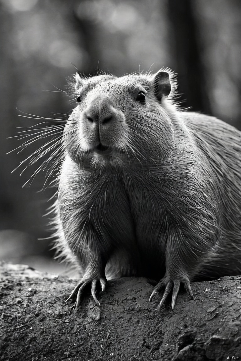 (a capybara), Very cool, bold, impactful, in the black and white with metallic tones. The image symbolises growth power mentorship, trust, victory, transformation, (masterpiece, best quality, perfect composition, very aesthetic, absurdres, ultra-detailed, intricate details, Professional, official art, Representative work:1.3)