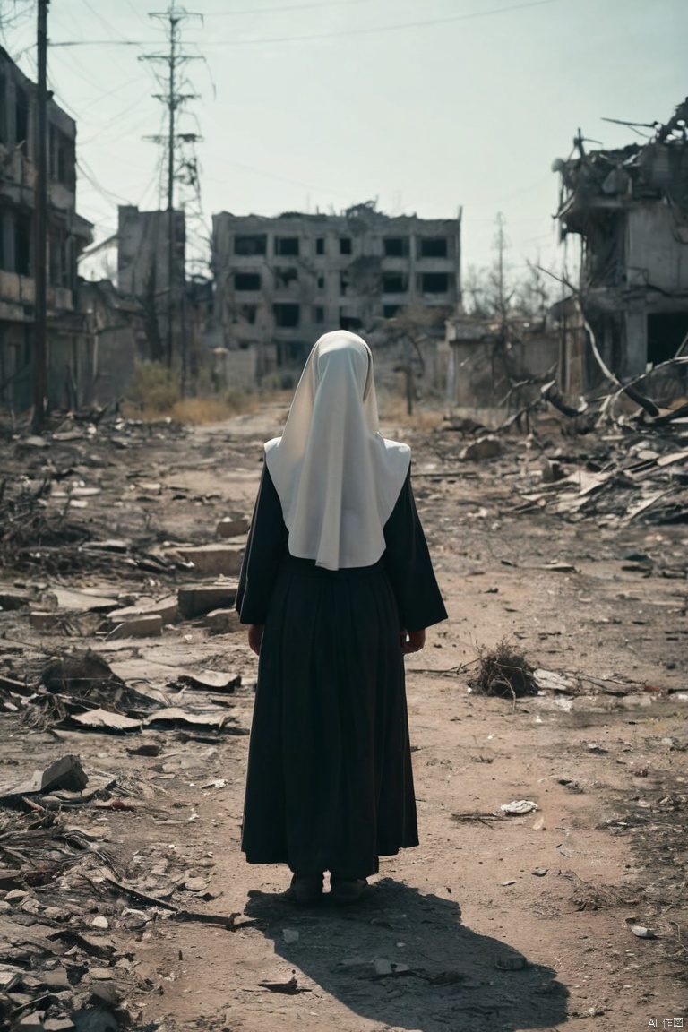 Holding a child, Standing on a nuclear wasteland. The once prosperous city is now in ruins, Ruined buildings and abandoned vehicles litter the desolate landscape. Nature has begun to take back territory, Plants growing in concrete cracks,Vines entwine around rotting buildings. The atmosphere is weird, a feeling of loneliness and despair in the air. The scene is bathed in a dark and moody light, Emphasizes the post-apocalyptic setting. The nun looked sad.,Her expression reflects her loneliness and the weight of the world she carries on her shoulders. In this ruthless world,The child she held gave her some comfort. The colors become softer, A desaturated and faded color palette, This further enhances the desolate atmosphere of the scene, (masterpiece, best quality, perfect composition, very aesthetic, absurdres, ultra-detailed, intricate details, Professional, official art, Representative work:1.3)