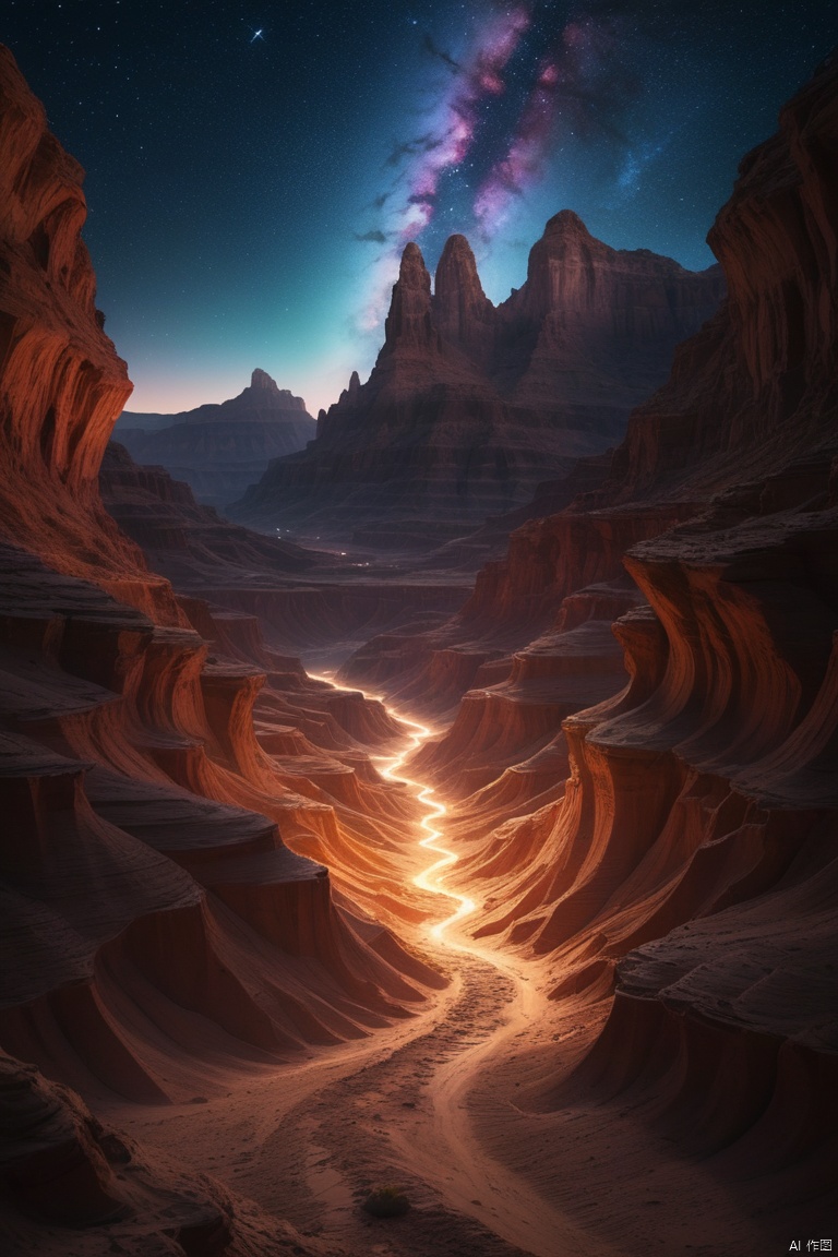 multi-layered basket light,Wide-angle lens, Ultra-wide angle crisp ray traced rendering,Surreal in vast desert canyon under starry sky with mysterious colorful bright lights, Countless dimensions are intertwined. Huge mountains contain the mysterious sheer cliffs of the universe.、narrow passage、Deep valley bottom, magnificent canyon scenery, depth of field, wide-angle movie aesthetics, high-definition fantasy art, enhance, intricate, (best quality, masterpiece, Representative work, official art, Professional, unity 8k wallpaper:1.3)