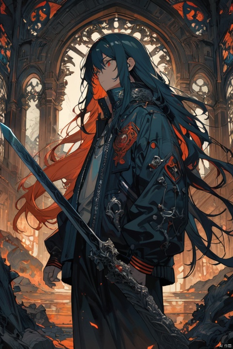 a man with long hair, wearing a jacket and holding a sword, in the style of dark aquamarine and orange, anime aesthetic, dark blue and red, lit kid, grim realism, detailed penciling, (masterpiece, best quality, perfect composition, very aesthetic, absurdres, ultra-detailed, intricate details, Professional, official art, Representative work:1.3), Dream Homes