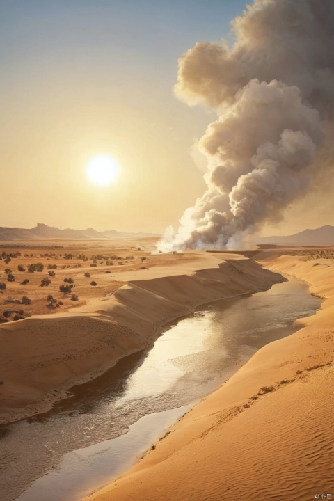 The solitary smoke in the desert rises straight, and the long river sets with the sun, (masterpiece, best quality, perfect composition, very aesthetic, absurdres, ultra-detailed, intricate details, Professional, official art, Representative work:1.3)