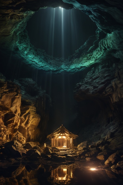crystal caves, Crystal Grotto, glowing crystals, crystal reflection, Rays, Evergreen, champagne gold, bone white, smokey charcoal, (best composition), ultra-wide-angle, octane render, enhance, intricate, (best quality, masterpiece, Representative work, official art, Professional, unity 8k wallpaper:1.3)