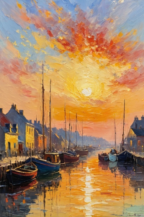 Claude Monet Style, by Claude Monet and William Turner, a colorful sunrise over quiet fishing harbour, golden hour, impressionism, visible brush strokes, neo-impressionism expressionist style oil painting, smooth post-impressionist impasto acrylic painting, thick layers of colourful textured paint, (masterpiece, best quality, perfect composition, very aesthetic, absurdres, ultra-detailed, intricate details, Professional, official art, Representative work:1.3)
