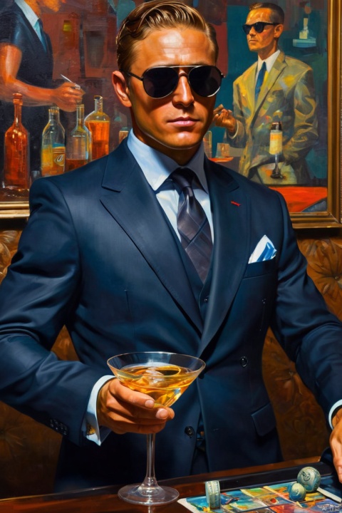 sophisticated and mysterious secret agent, tailored suit, sunglasses, Grab a special martini, High-tech equipment and fearlessness, watch carefully, Vibrant and immersive oil painting imagination, Intricate details and attractive colors, dark tone contrast, absurd solution, (best quality, masterpiece, Representative work, official art, Professional, Ultra intricate detailed, 8k:1.3)