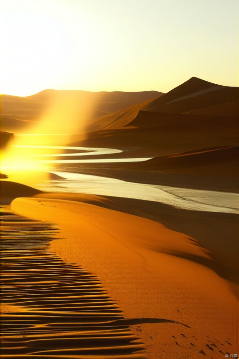 Desert landscape: a vast expanse of golden sand stretches out to the horizon as the sole wispy smoke column ascends vertically, seemingly drawn upwards by an unseen force. The long winding river bisects the scene, its tranquil surface reflecting the fiery hues of sunset as the sun dips below the dunes. The warm glow casts long shadows across the arid terrain