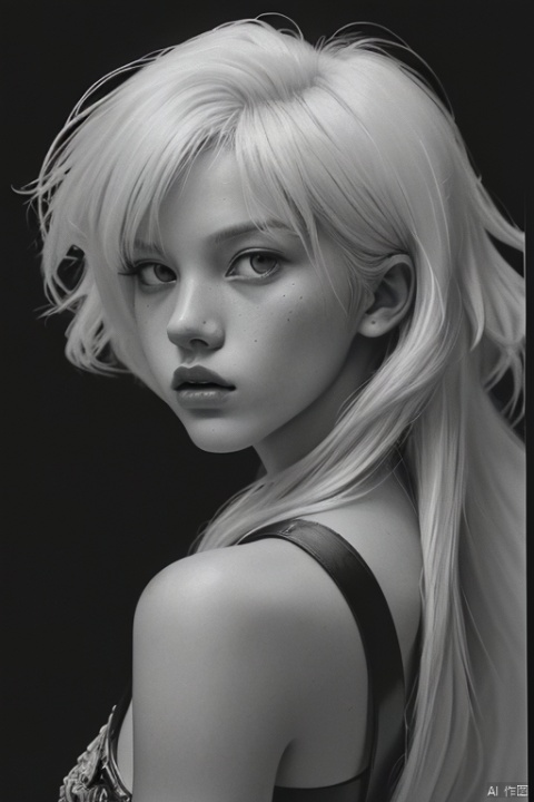 professional monochrome photograph of a platinum blonde Russian 18 year old fashion model by Daido Moriyama, bold lines, hyper detailed, dark limited palette, chiaroscuro, mesmerizing, Futurism Art Style, dynamic pose, (best quality, masterpiece, Representative work, official art, Professional, Ultra intricate detailed, 8k:1.3)