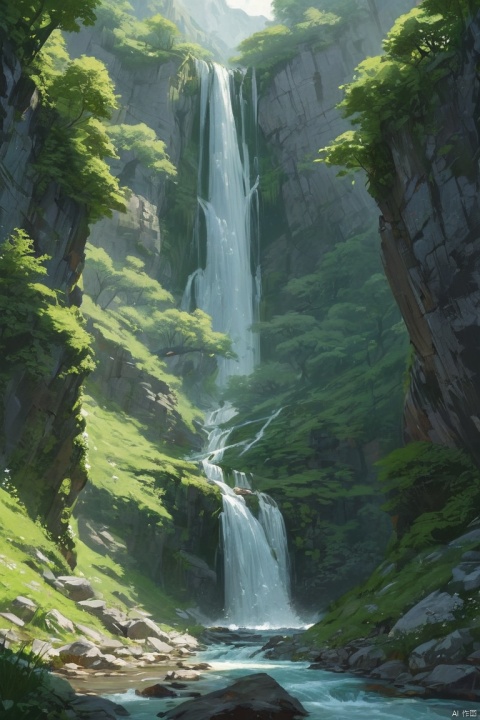 Waterfall from the void, leap unceasingly into the stream. pure white streamer split the green of the mountains, (masterpiece, best quality, perfect composition, very aesthetic, absurdres, ultra-detailed, intricate details, Professional, official art, Representative work:1.3)
