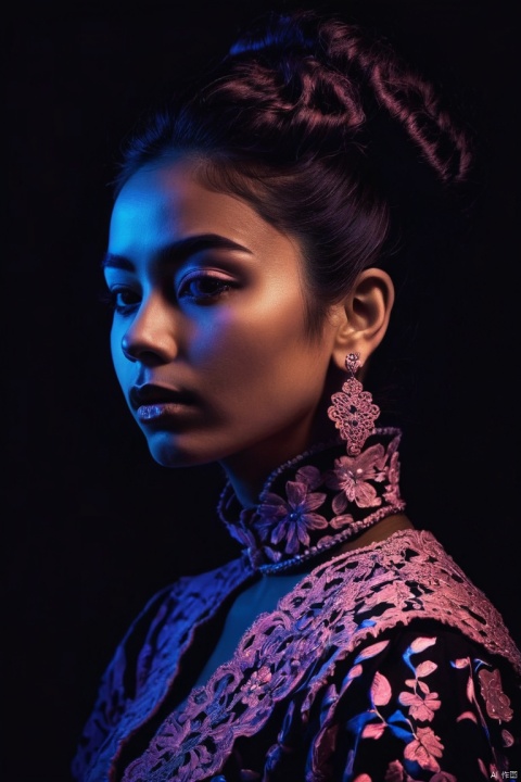 black light contour, Pastel Academia aesthetic, a silhouette portrait of a beautiful Chicharrero woman wearing designer clothes, high contrast, dark background, (masterpiece, best quality, perfect composition, very aesthetic, absurdres, ultra-detailed, intricate details, Professional, official art, Representative work:1.3)