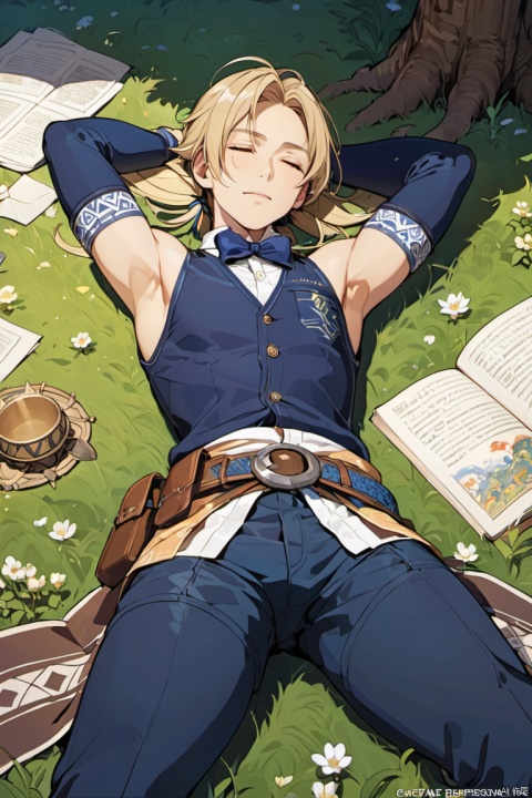 1boy, Zidane Tribal, Final Fantasy IX, blonde hair, sidelocks, long hair, low ponytail, blue bowtie, sleeveless, blue pants, lying on back, on grass, hands behind of head, resting head, light smile, closed eyes, meadow, shadow of a tree, anime art style, (masterpiece, best quality, perfect composition, very aesthetic, absurdres, ultra-detailed, intricate details, Professional, official art, Representative work:1.3)
