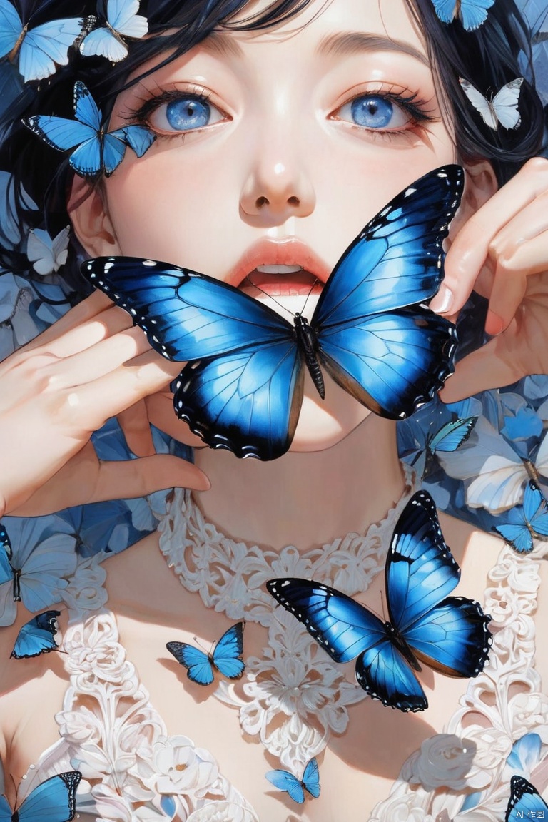 a Blue Butterfly cover mouth, (masterpiece, best quality, perfect composition, very aesthetic, absurdres, ultra-detailed, intricate details, Professional, official art, Representative work:1.3)