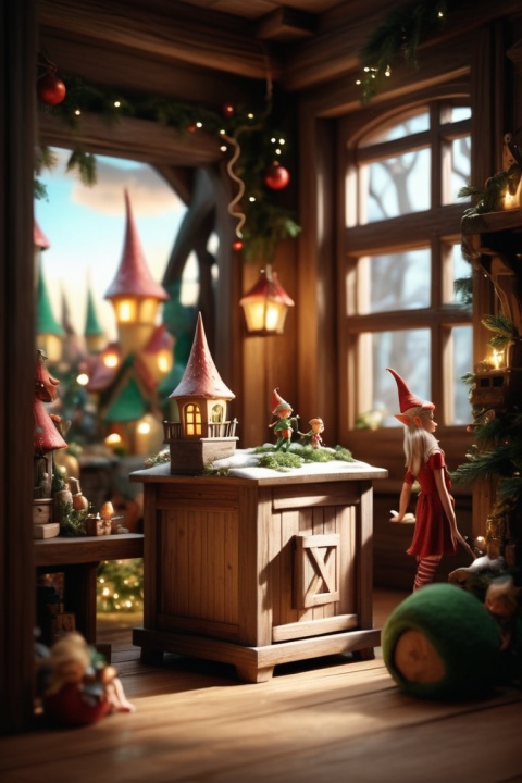 christmas scene with a box and fairy figures in a room, beautiful fairytale, 3d render, elves house, magical village, toy photography, very magical and dreamy, digital art, hyperrealism, by artem demura, by Alexander Kucharsky, enhance, intricate, (best quality, masterpiece, Representative work, official art, Professional, unity 8k wallpaper:1.3)